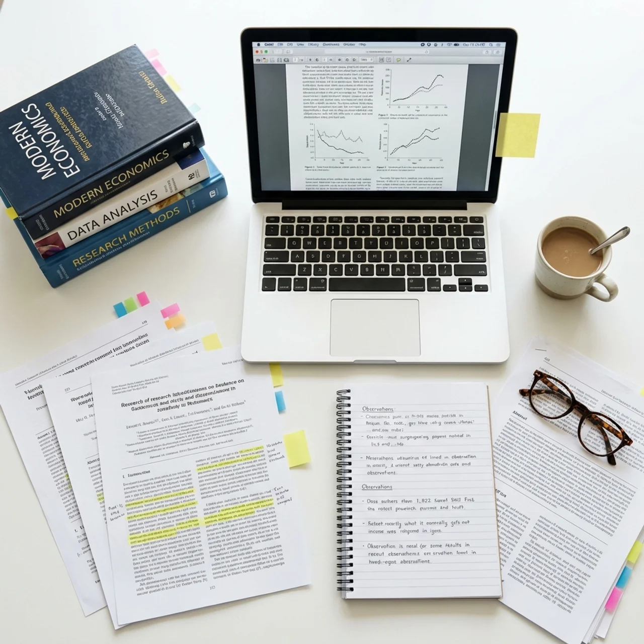 Escritorio de trabajo academico con libros, laptop y apuntes